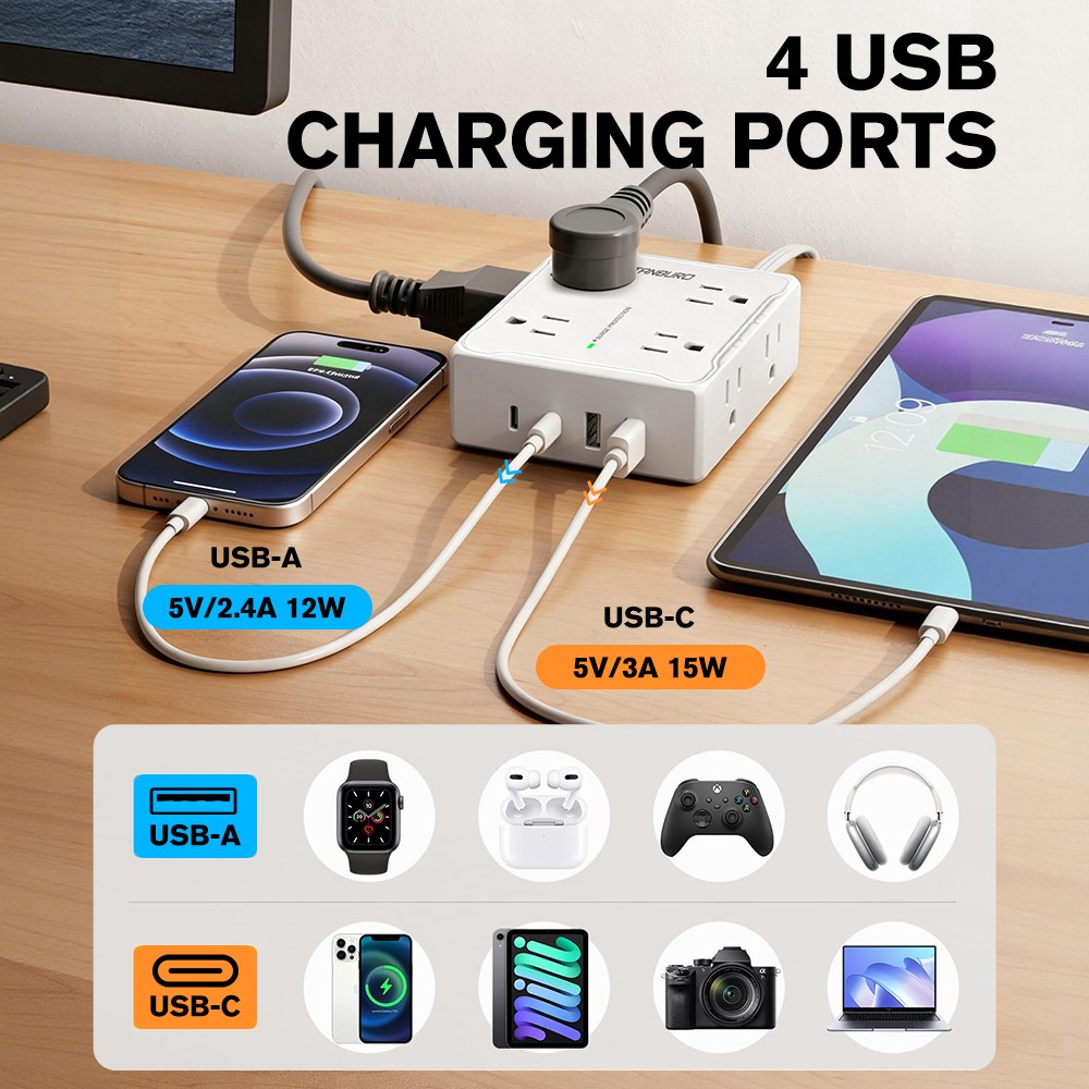 Power Strip with Multi Outlet USB C Charger 6.5 FT Extension Cord Flat Plug