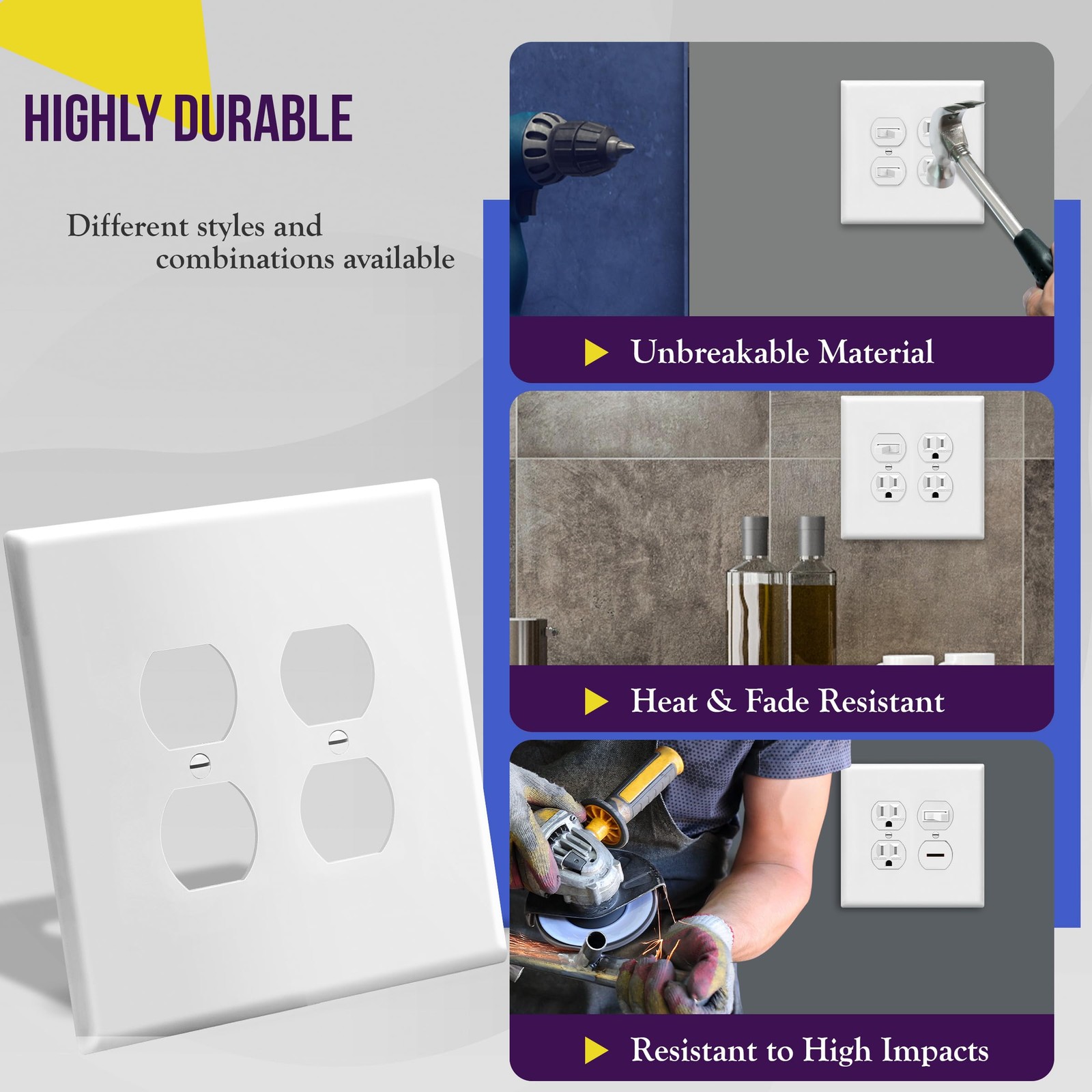 Wide Double Gang Wall Plate, 5.5 Inch Square, Glossy, Shatterproof, White
