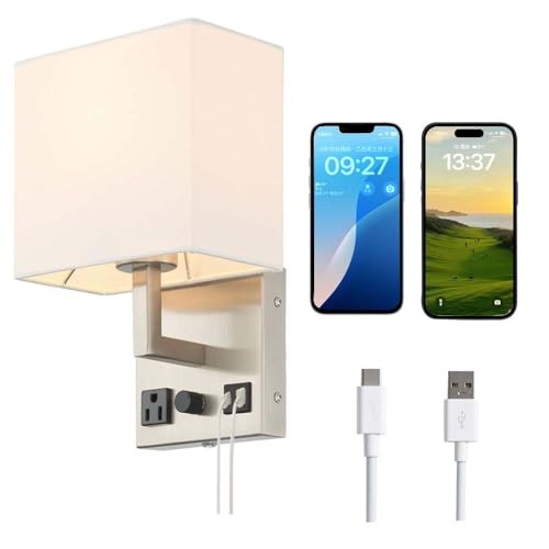 -Bedside Wall Sconces,Dimmable Wall Light with Outlet and Dual USB Charging