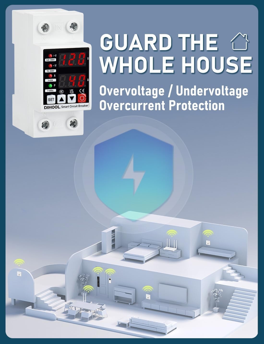 Adjustable Voltage Protector 0V-220V 63A Overcurrent & Overvoltage Cutoff