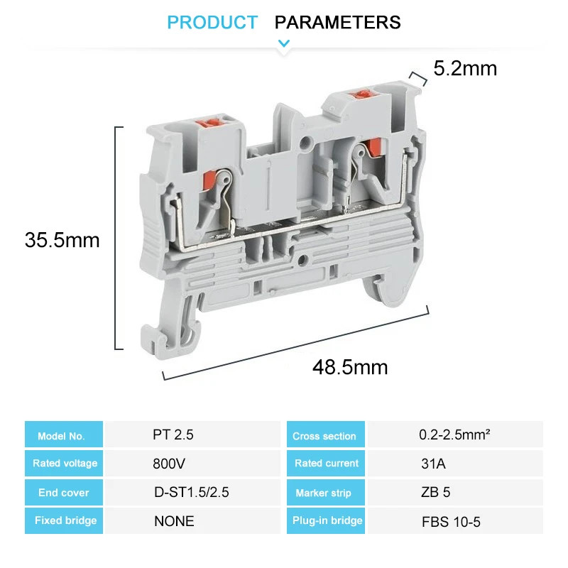 10Pcs PT 2.5 Push-in Terminal 2.5mm² Cable Electrical Connector DIN Rail Termina