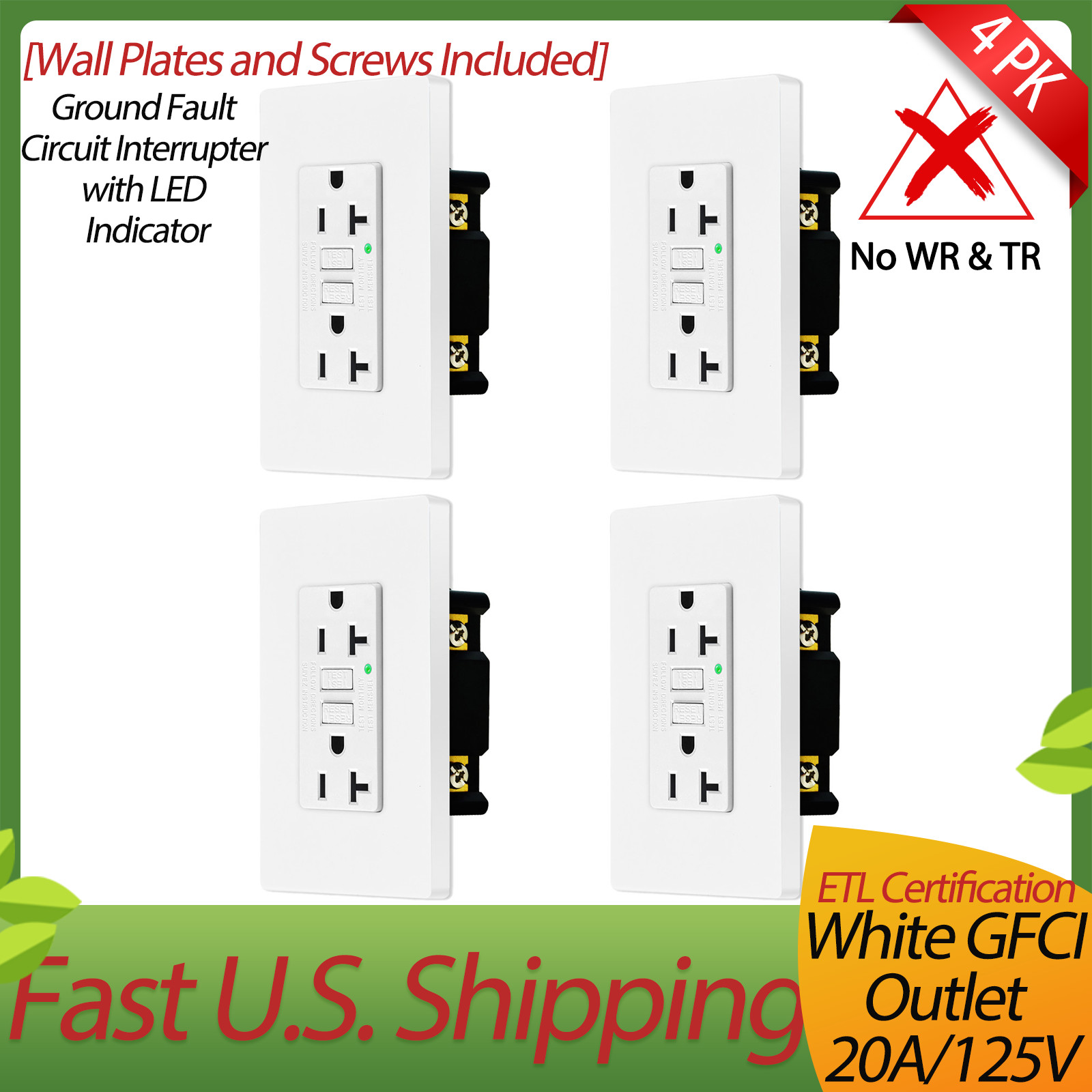 4 x GFCI Non-TR Outlet 20A Ground Fault Receptacle, LED Indicator, w/wall Plate