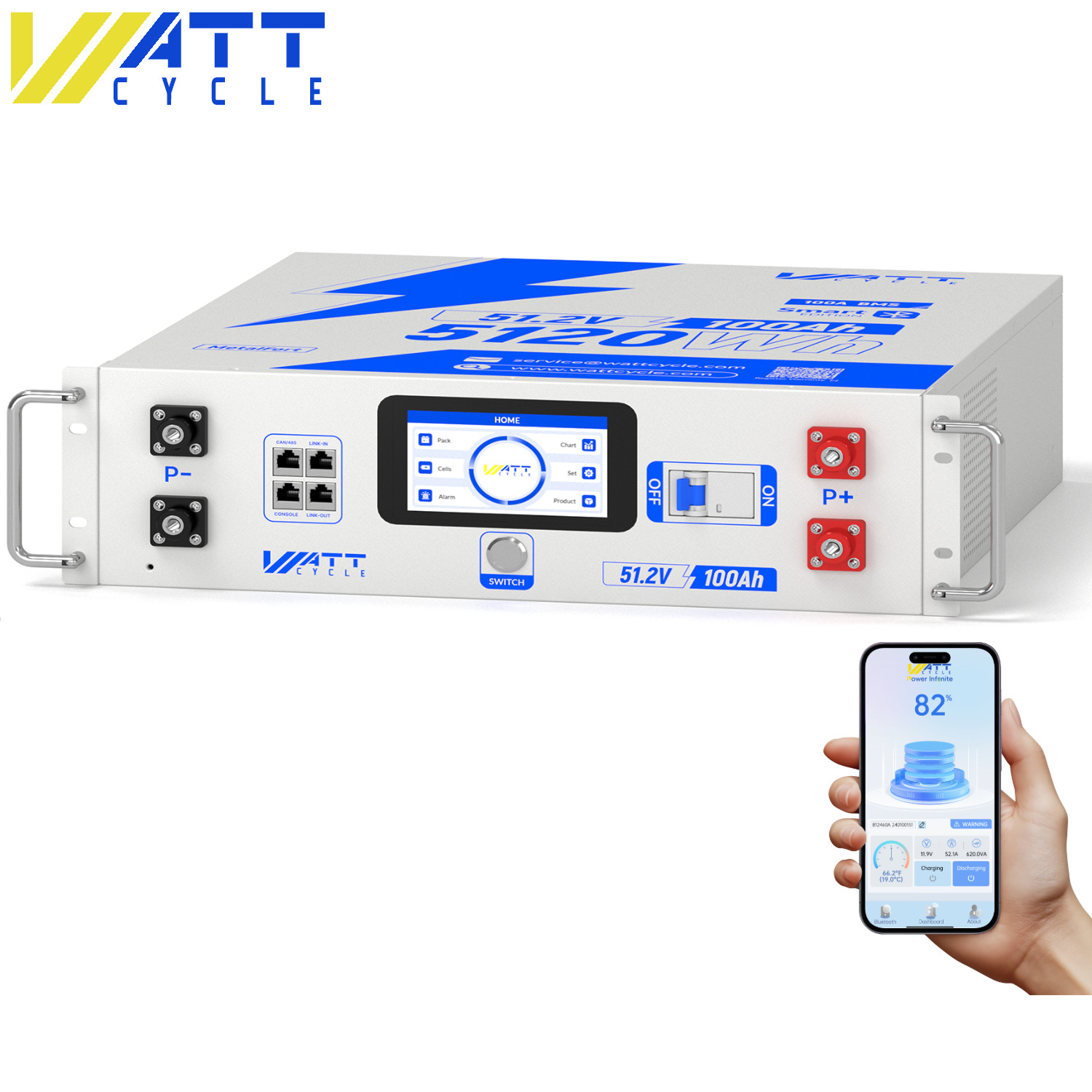 WattCycle 48V 100Ah LiFePO4 Lithium Battery 5120Wh 3U Server Rack Mount Battery