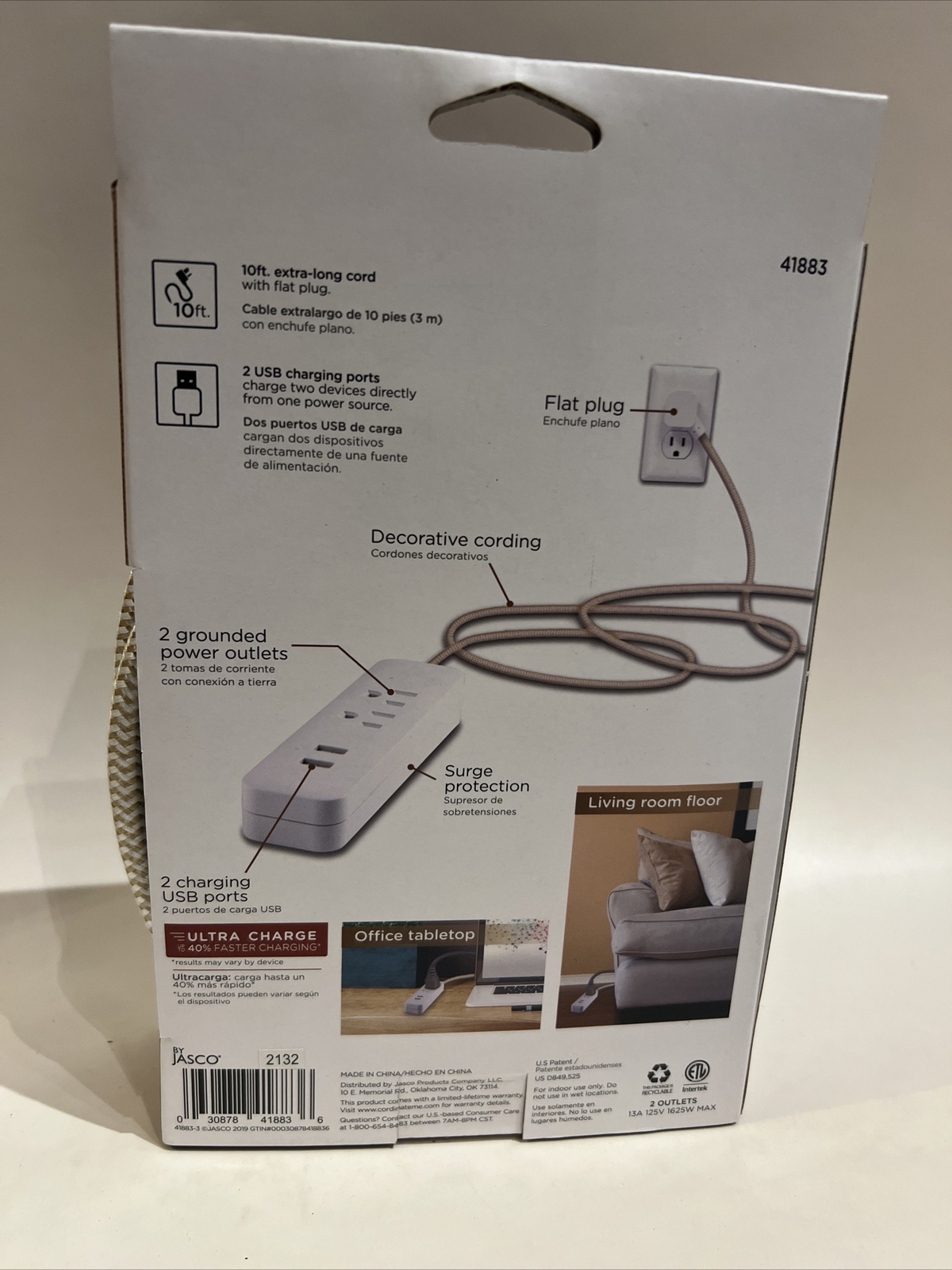 Cordinate Designer USB Charging Station Extension Cord Power Strip Surge Pro 10’