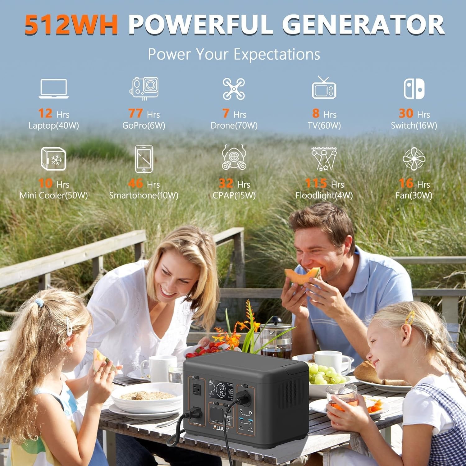 Portable Power Station 500W Surge, 512Wh LiFePO4 Battery Solar Black