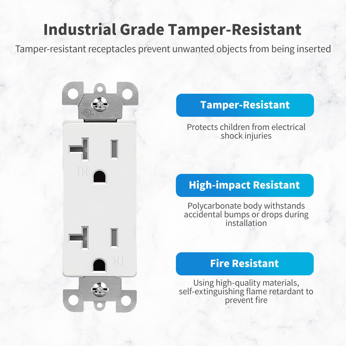 Outlet Socket, Decora Duplex Receptacle,125V Tamper Resistant, 20A outlet 10pack