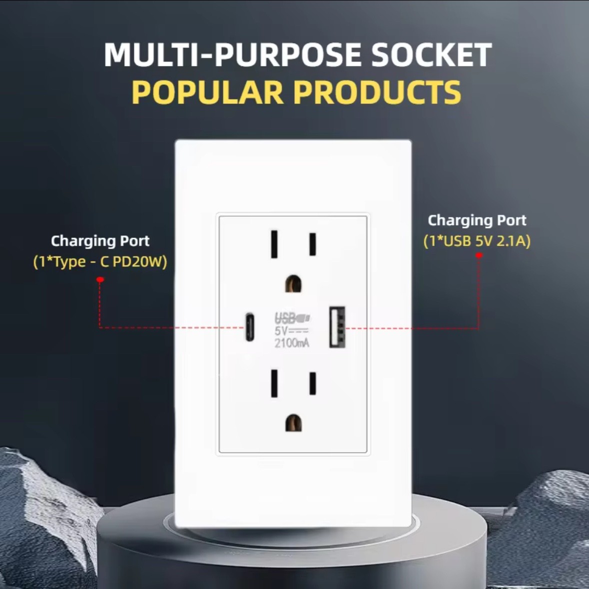 US Standard Wall Socket with USB Type-C Charging Port 5V 2.1A
