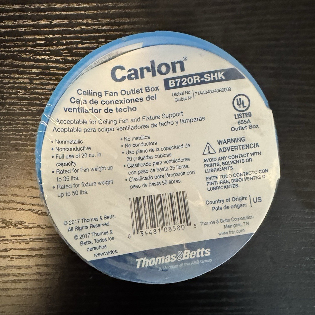 Carlon B720R-SHK Ceiling Fan Outlet Box Nonmetallic Blue UL Listed