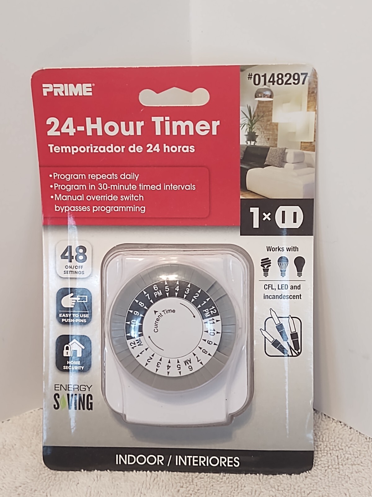 Prime 24-Hour Timer Indoor Energy Saving 1 outlet Easy to Use 125 volts New