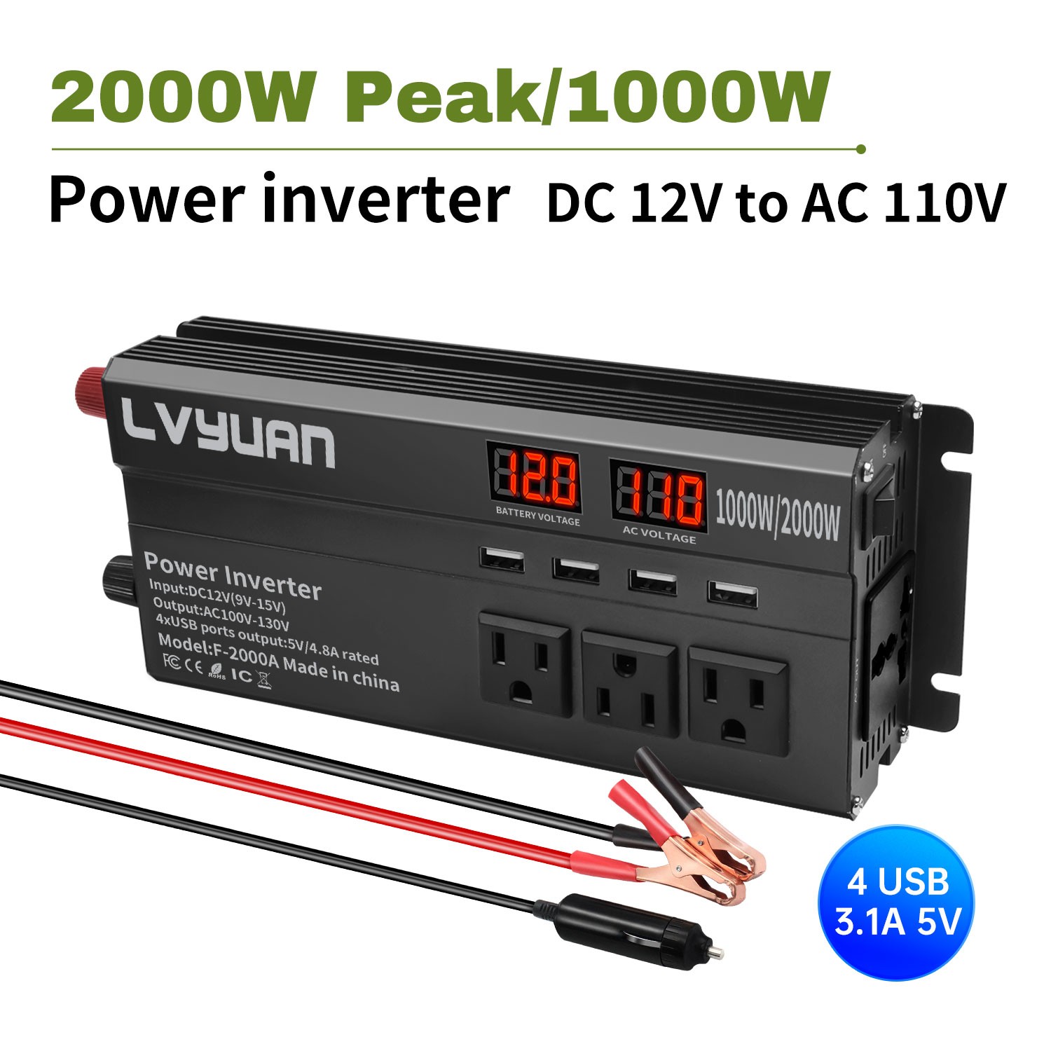 1000W 2000W Power Inverter DC 12V to AC 110V Car Converter Camping 4USB 3AC LED