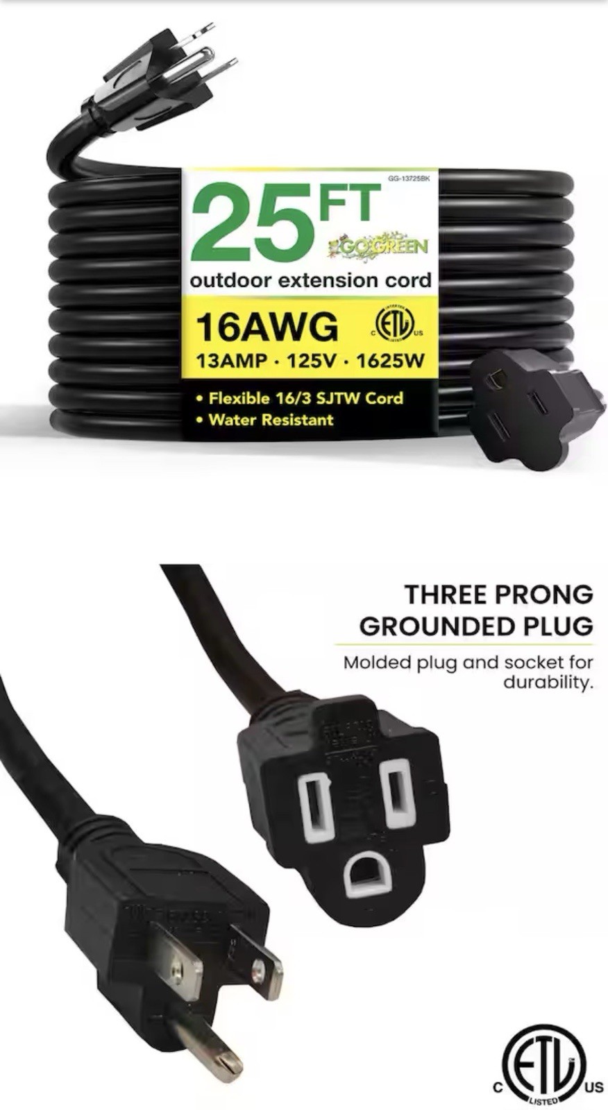GoGreen Power 25 ft. 16/3 Heavy Duty Extension Cord – Black