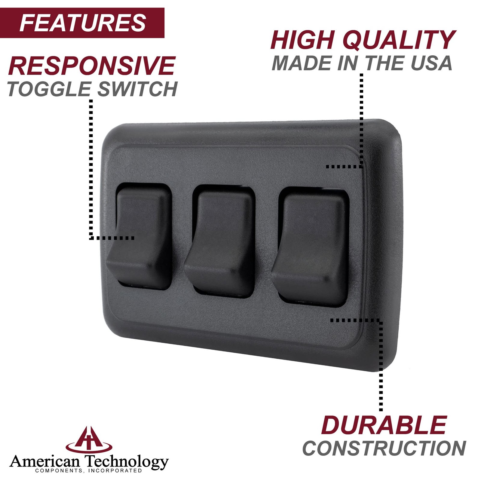 Triple SPST On-Off Switch with Bezel, 12-Volt, for RV, Trailer, Camper (Black)