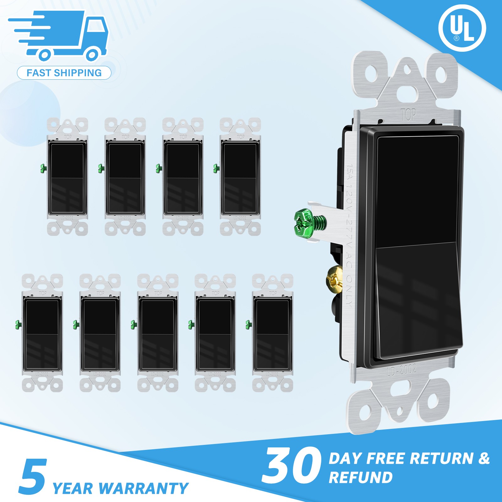 10Packs UL/CUL Listed 3 Way Rocker Light Switch 15A 120/277V Black Residential