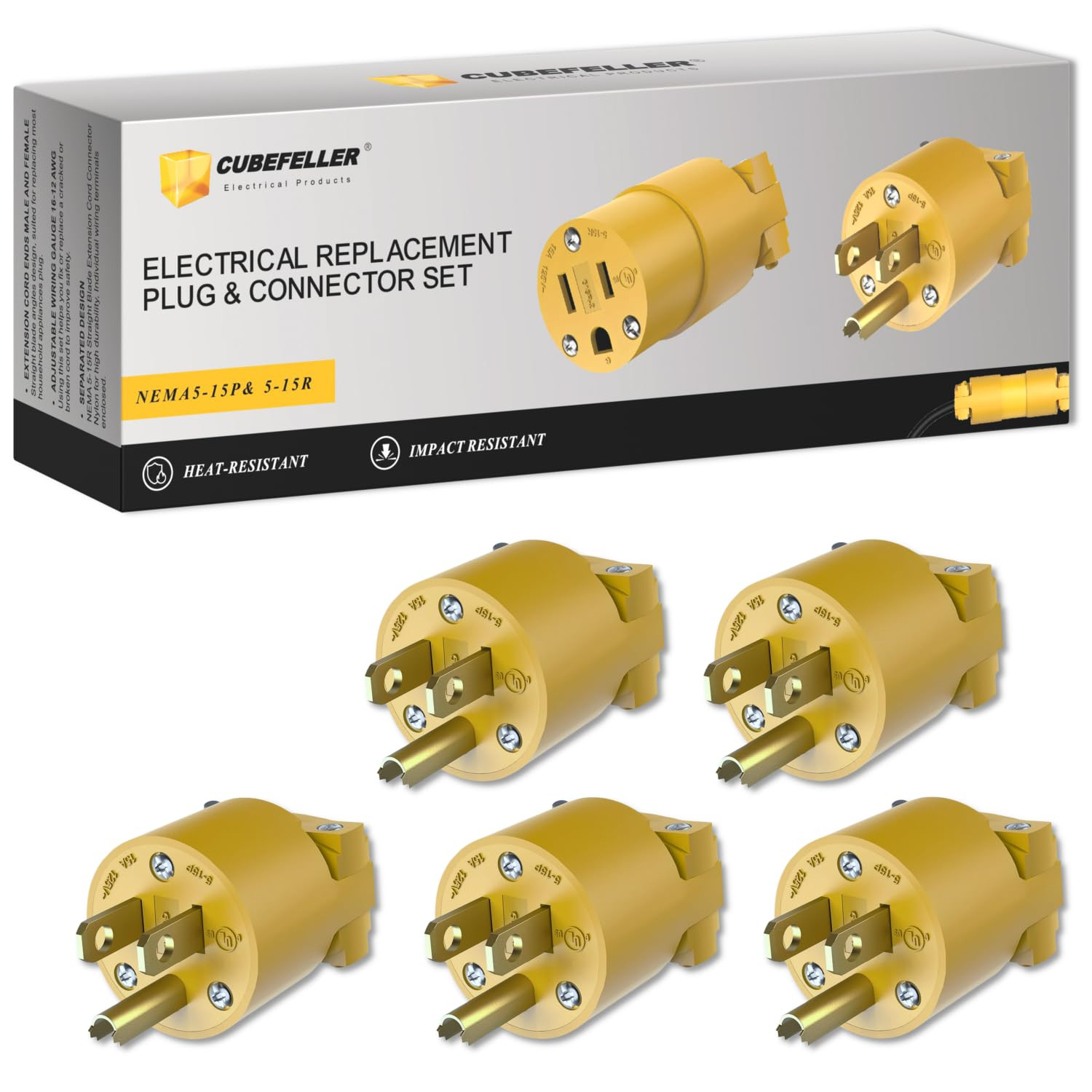 5pc 15A 125V NEMA 5-15P 3 Prong Male Extension Cord Replacement Plug Kit Yellow
