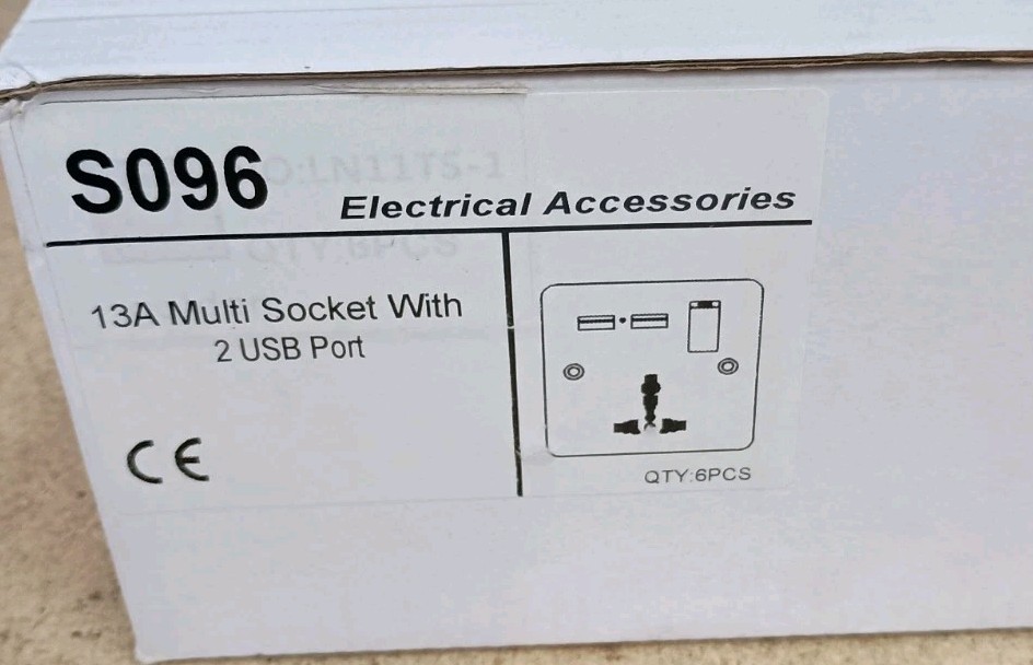 (6) Wall Power Socket 13A Universal Dual USB 5 Hole Switched Outlets