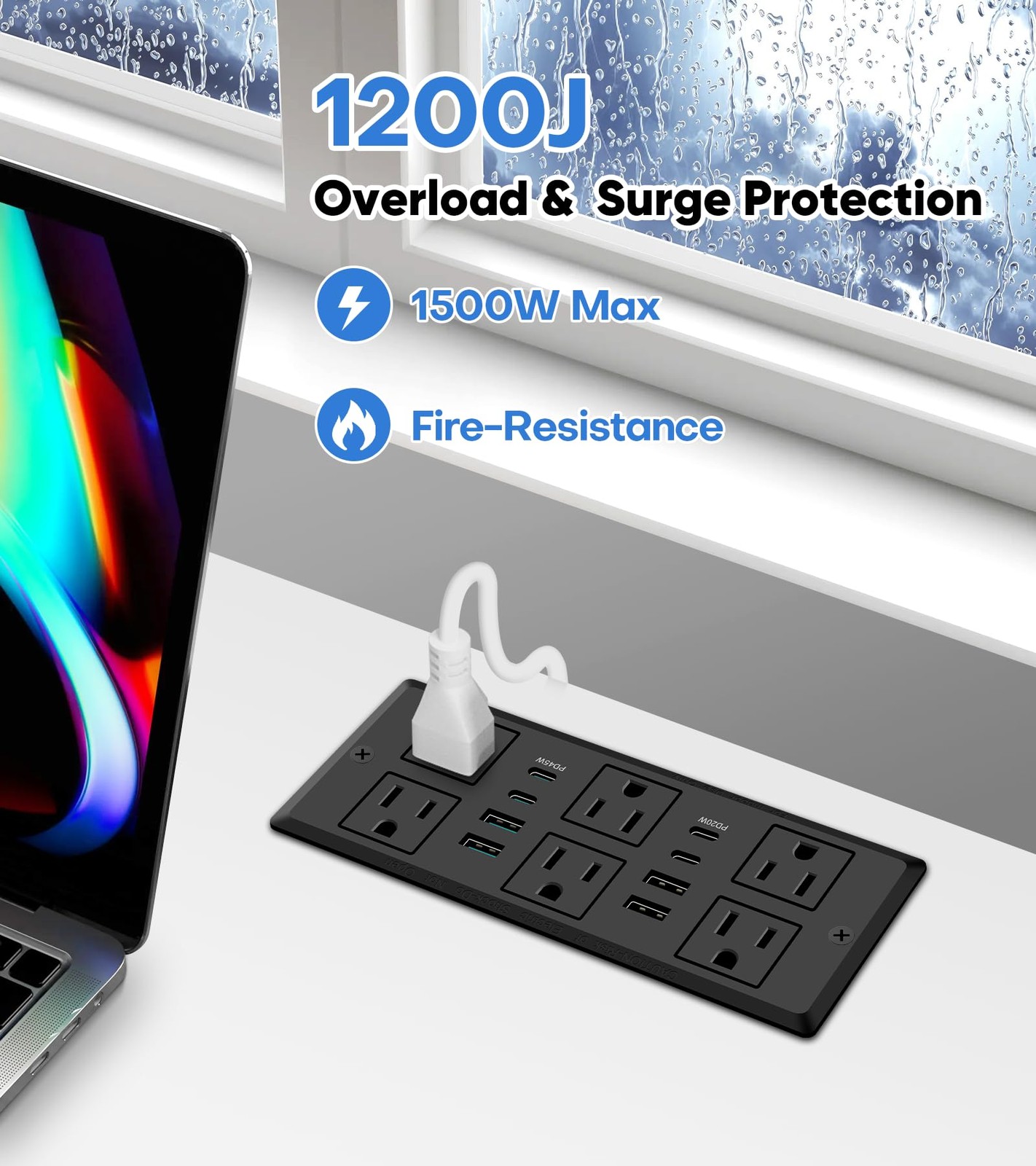 45W Recessed Power Strip, Flush Mounted Surge Protector(1200J) with 6 AC Outl…
