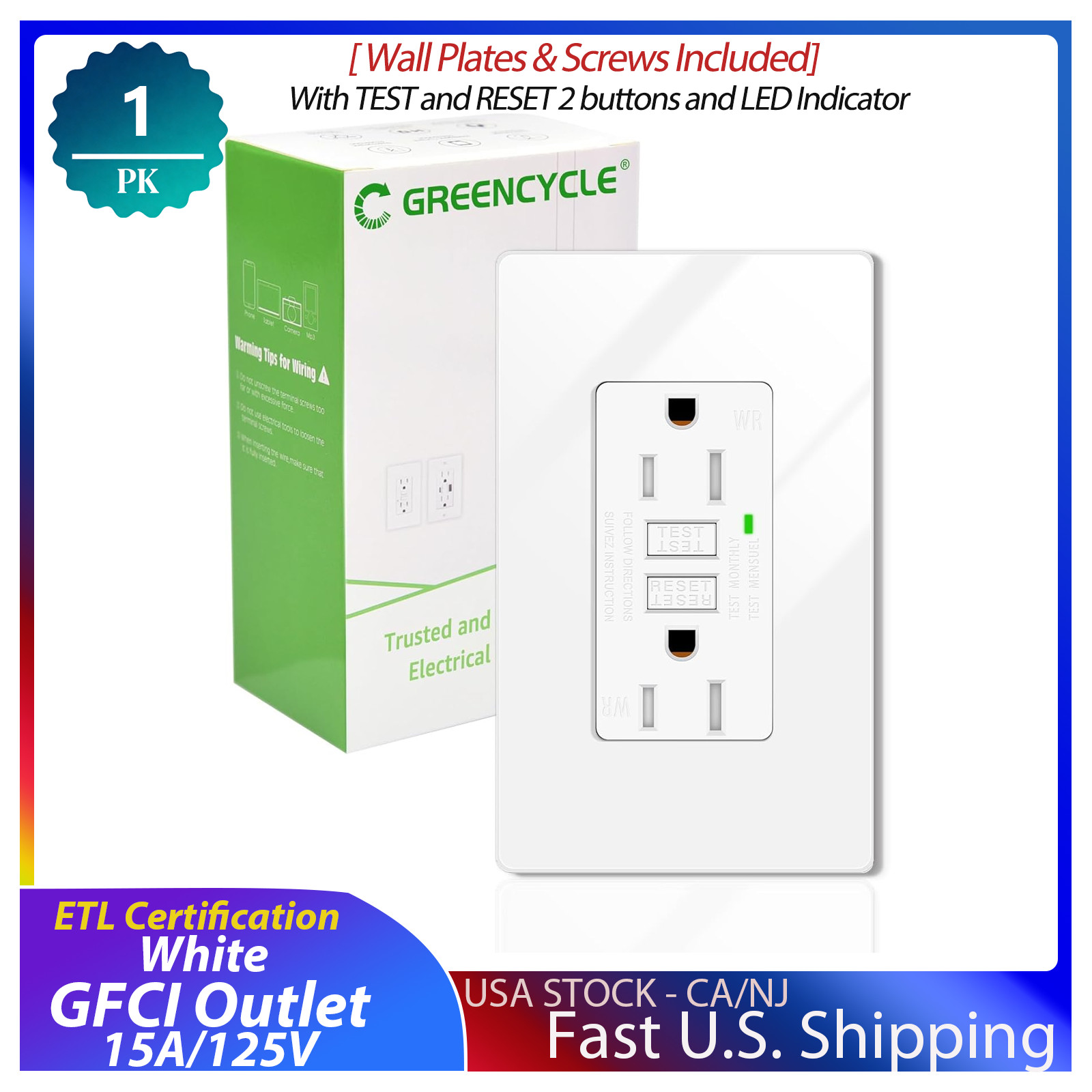 1PK 15A/125V GREENCYCLE GFCI Outlet, Ground Fault Receptacle with LED Indicator