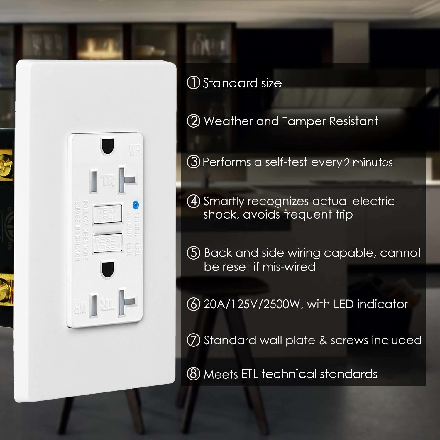 Safe Outlet GFCI 20A AMP GFI Duplex Receptacles with Screwless Wall Plate White
