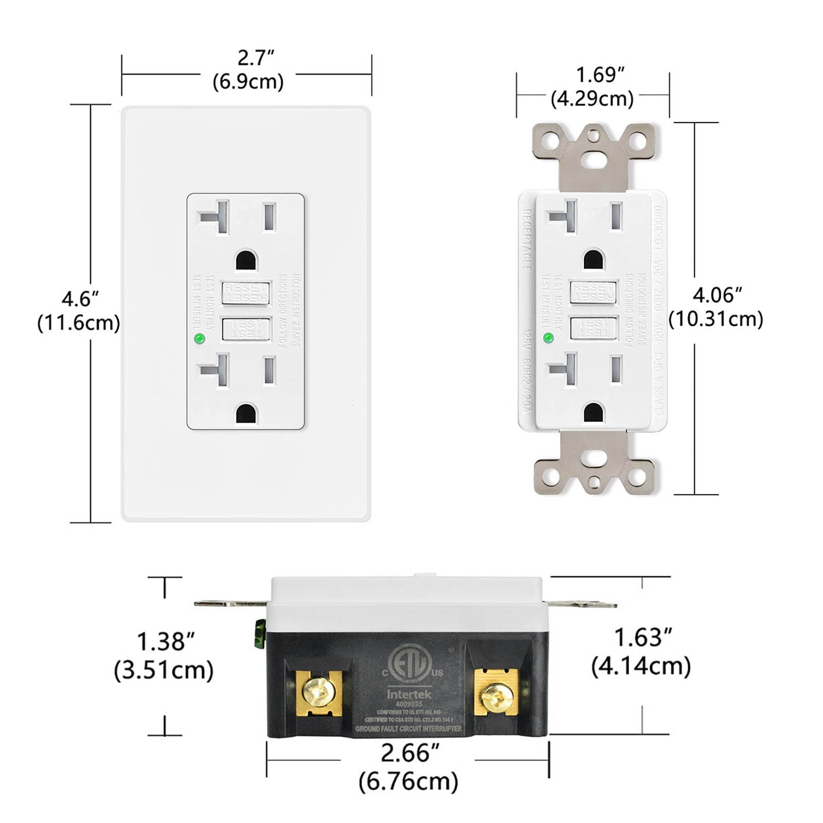 4 x GFCI Non-TR Outlet 20A Ground Fault Receptacle, LED Indicator, w/wall Plate
