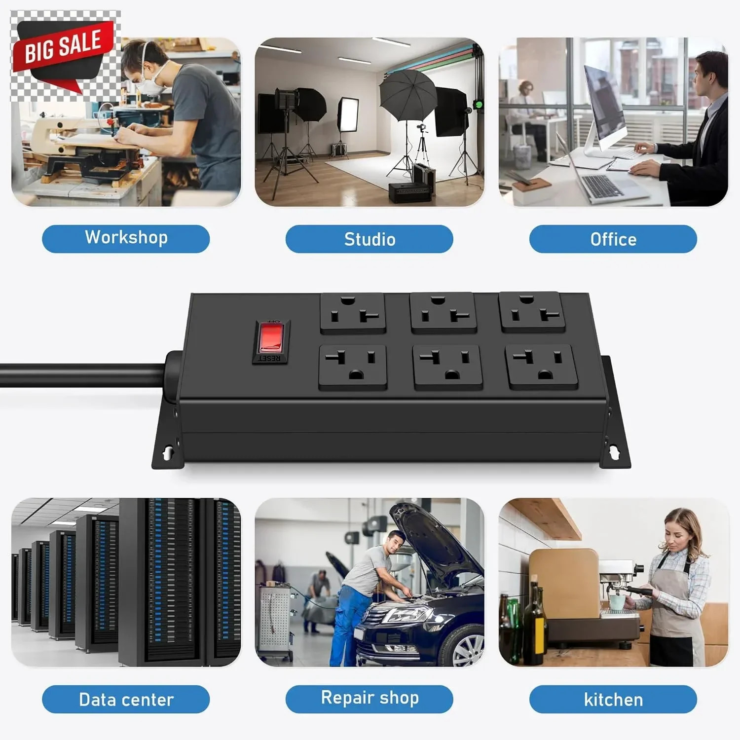 JUNNUJ Heavy Duty 20 Amp Power Strip, Garage 6 Outlets Metal 12 Gauge Surge Prot