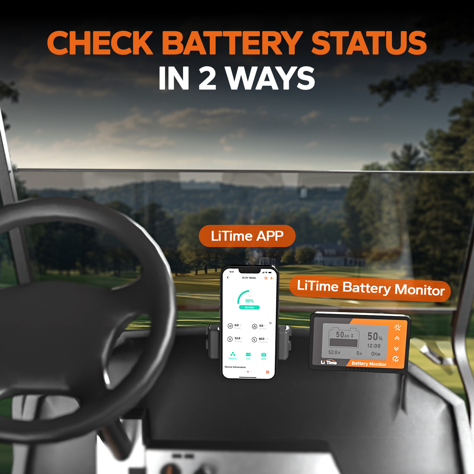 LiTime 48V 100Ah Bluetooth Golf Cart Lithium Battery Charger Monitor Fix Rod Set