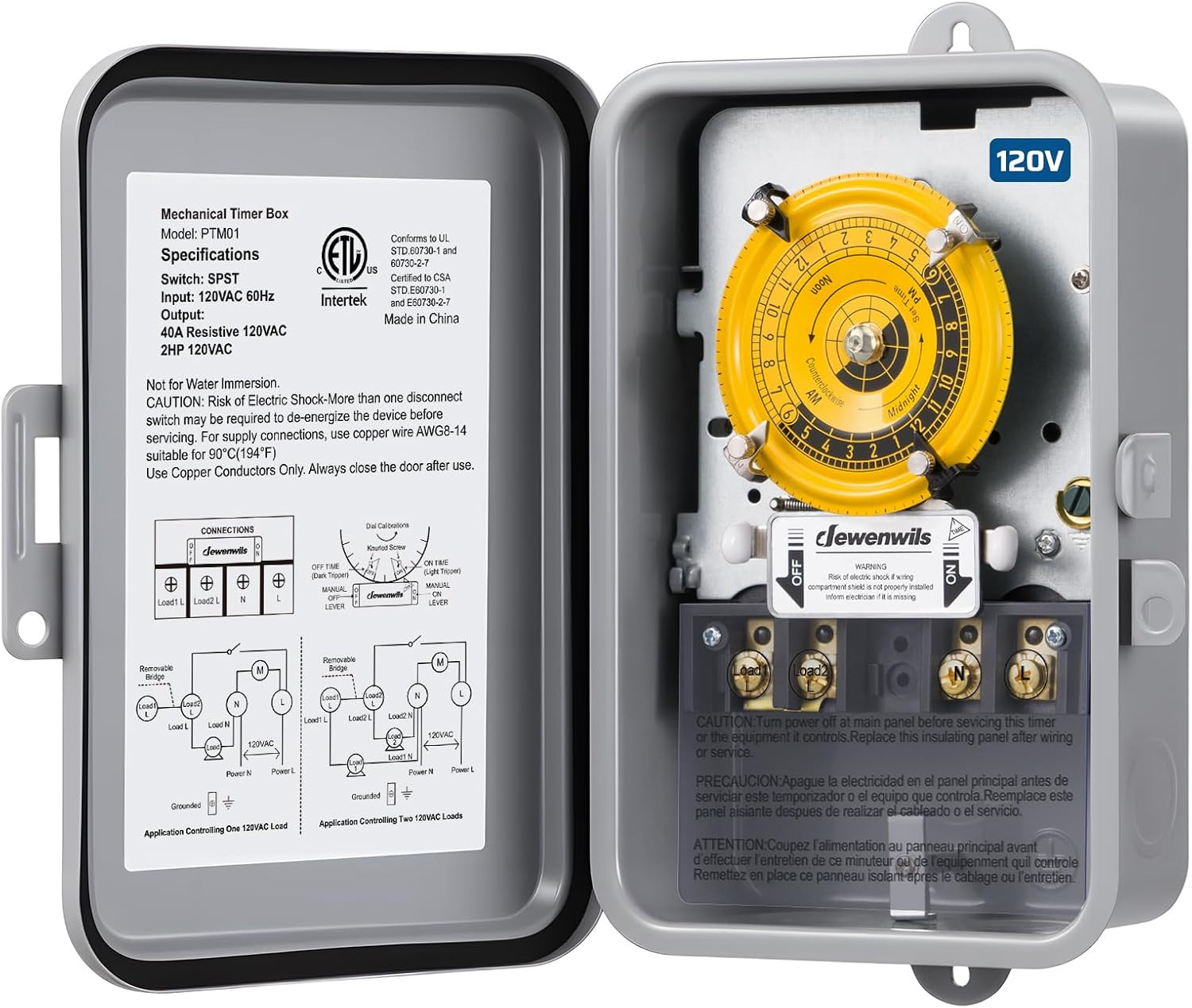 24-Hour Mechanical Timer Switch – 120VAC SPST, 2HP 40A, Metal Enclosure, Heavy D