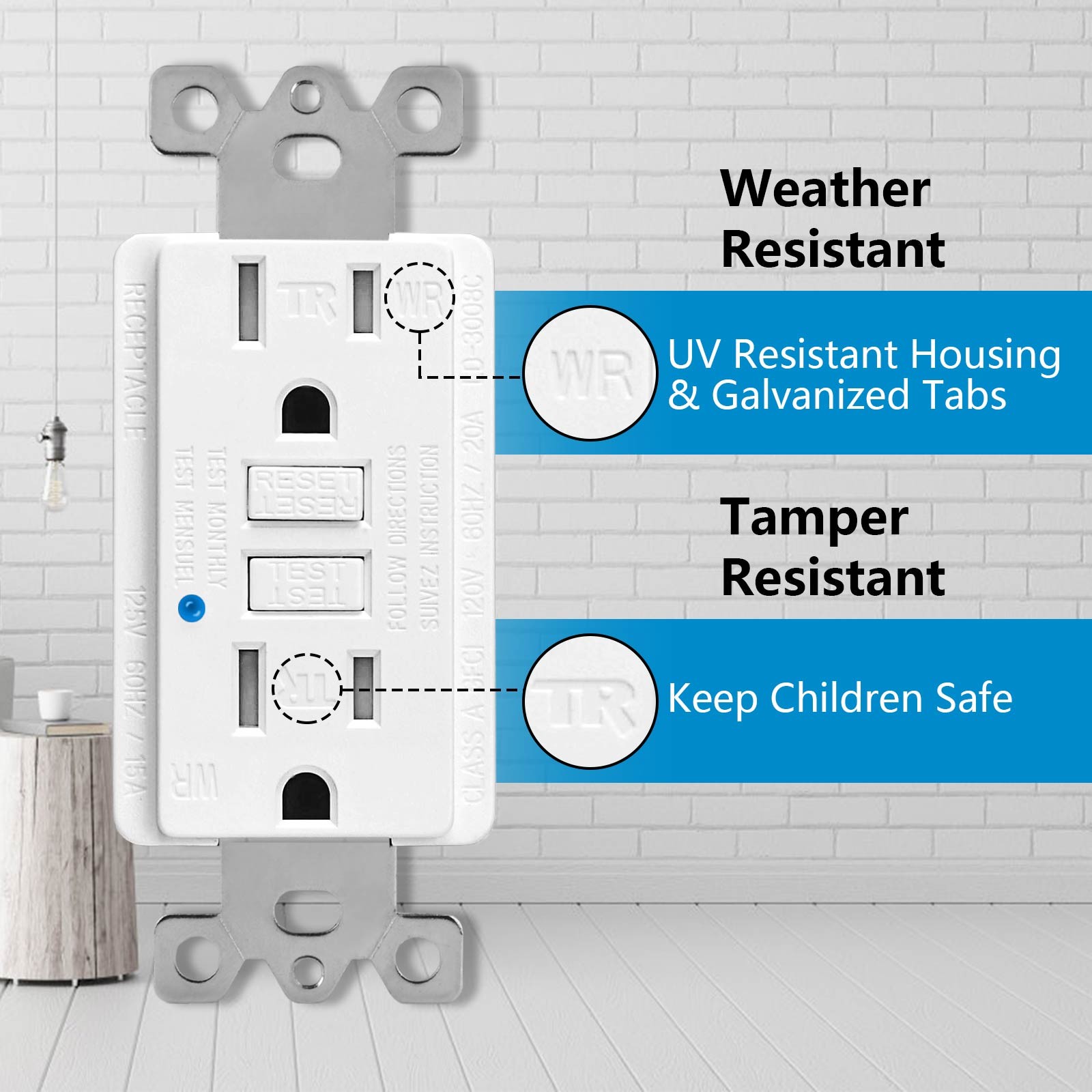 15A/20A 125V GFCI Indoor Safety Outlet Receptacles WR TR White/Black ETL Listed