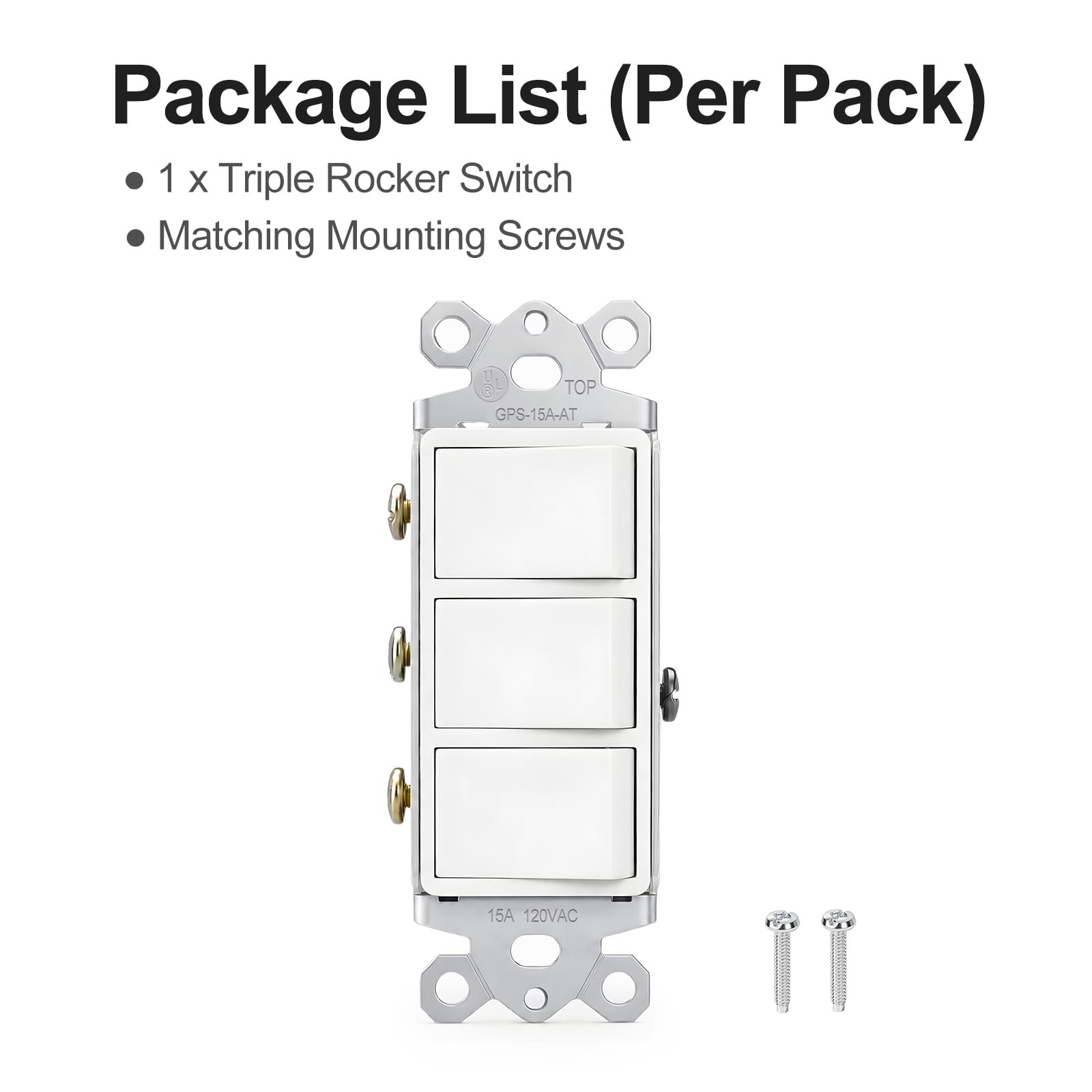 Triple Rocker Light Switch, 15A 120V Single Pole, 3 Individual Switches Groun…