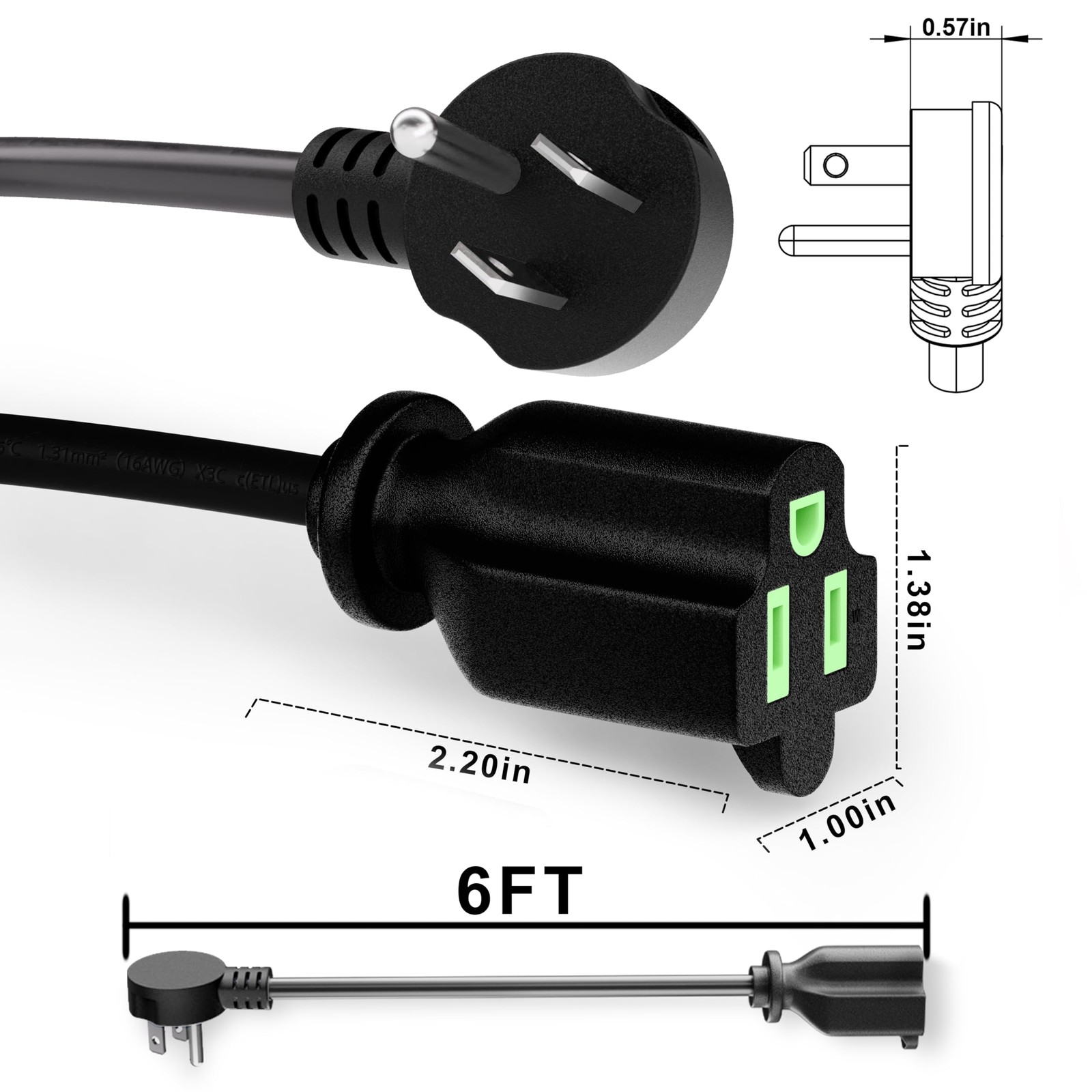 6 Foot Flat Plug Extension Cord Black, 14/3 Gauge Indoor Short Extension Cable
