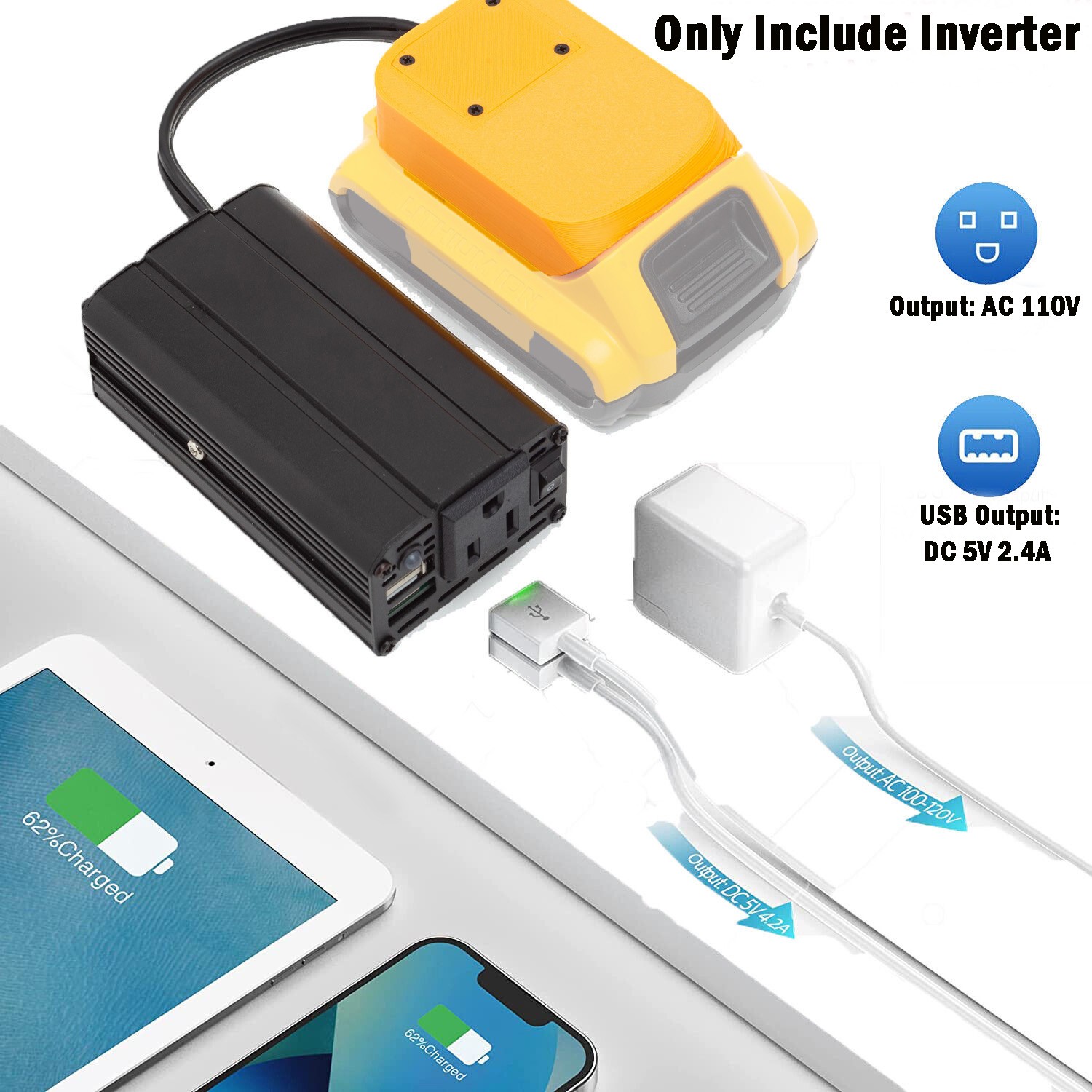 For Dewalt 20V Battery Power Inverter Converter DC 15-21V To AC 110v w/USB US