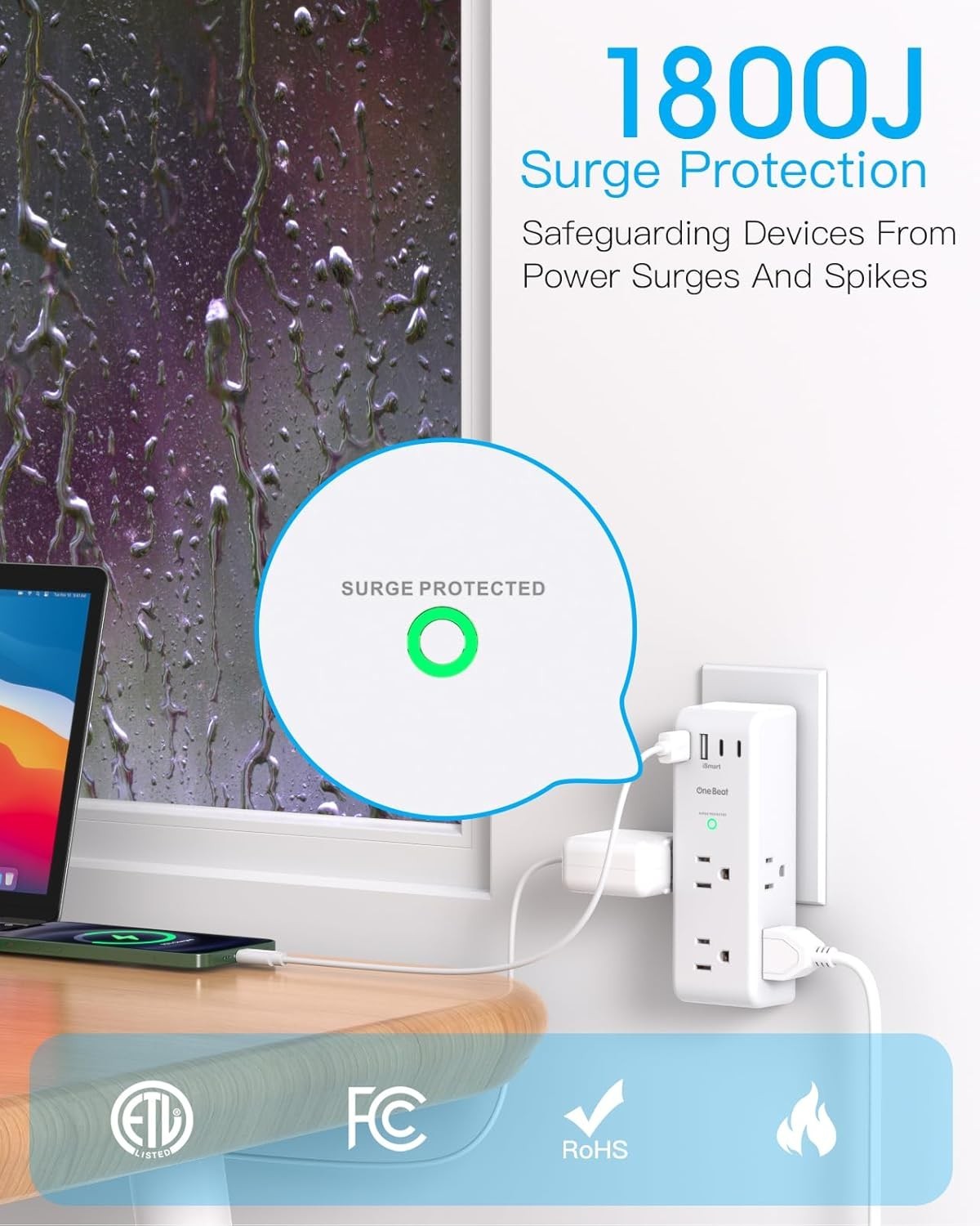 Multiple Plug Outlet Extender, 6 Wall Outlets and 3 USB Ports (1 USB C), Multi O