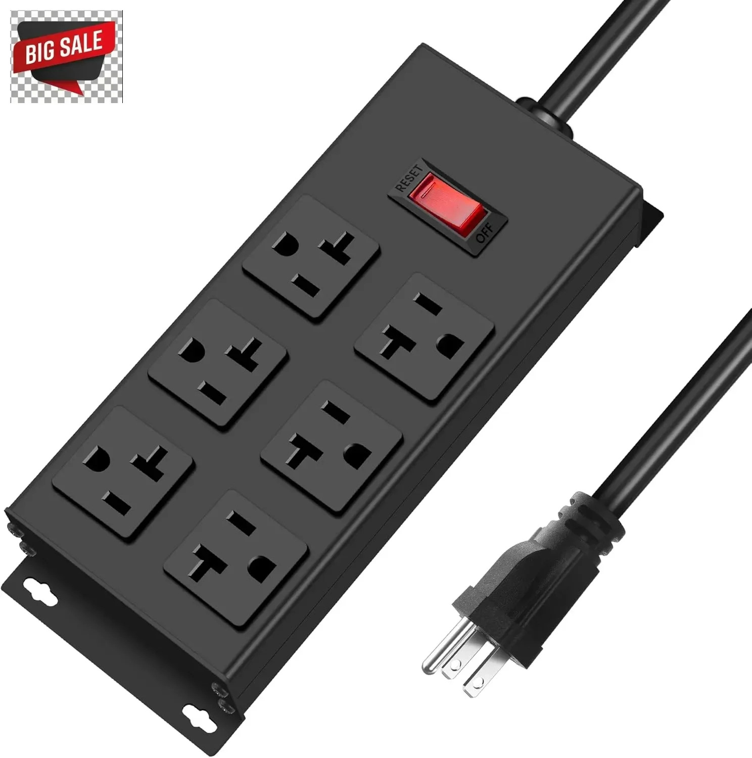 JUNNUJ Heavy Duty 20 Amp Power Strip, Garage 6 Outlets Metal 12 Gauge Surge Prot