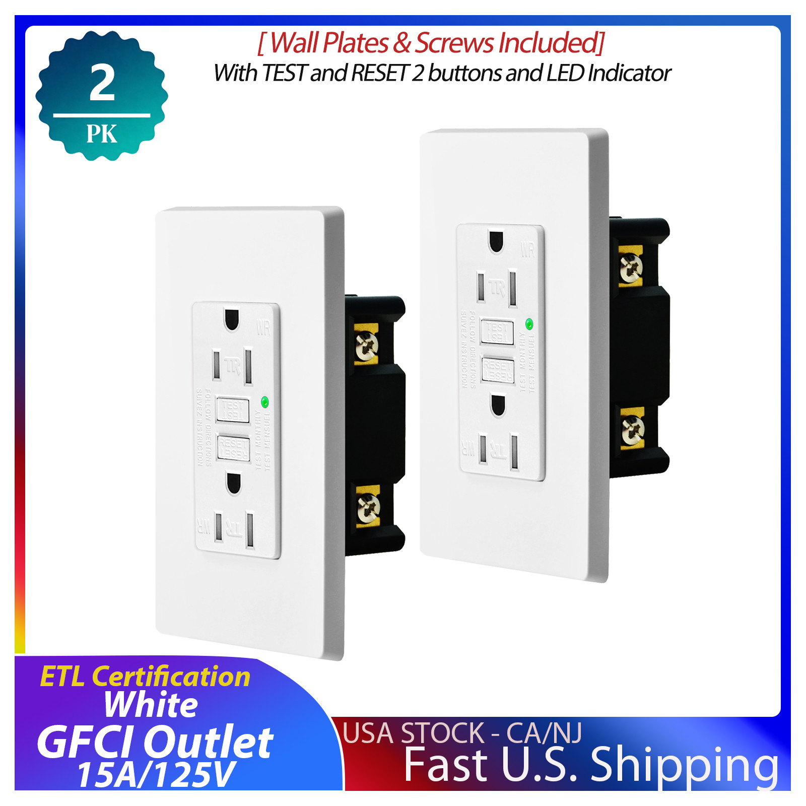 2x 15A GREENCYCLE GFCI Outlet, Indoor & Outdoor Outlet for Household Bussiness
