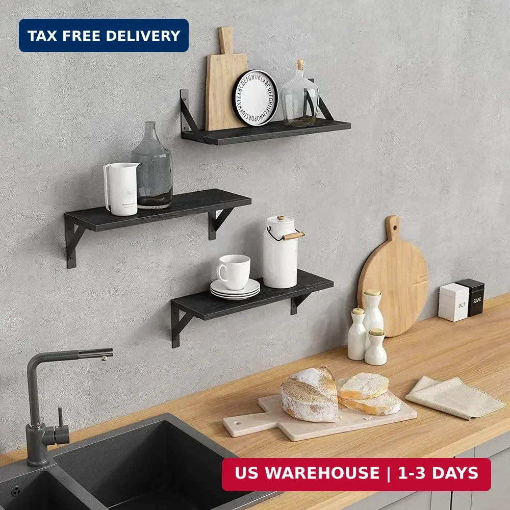 Black Floating Shelves Bathroom Set of 3, Wooden Wall Book Shelves, Rustic Shelf