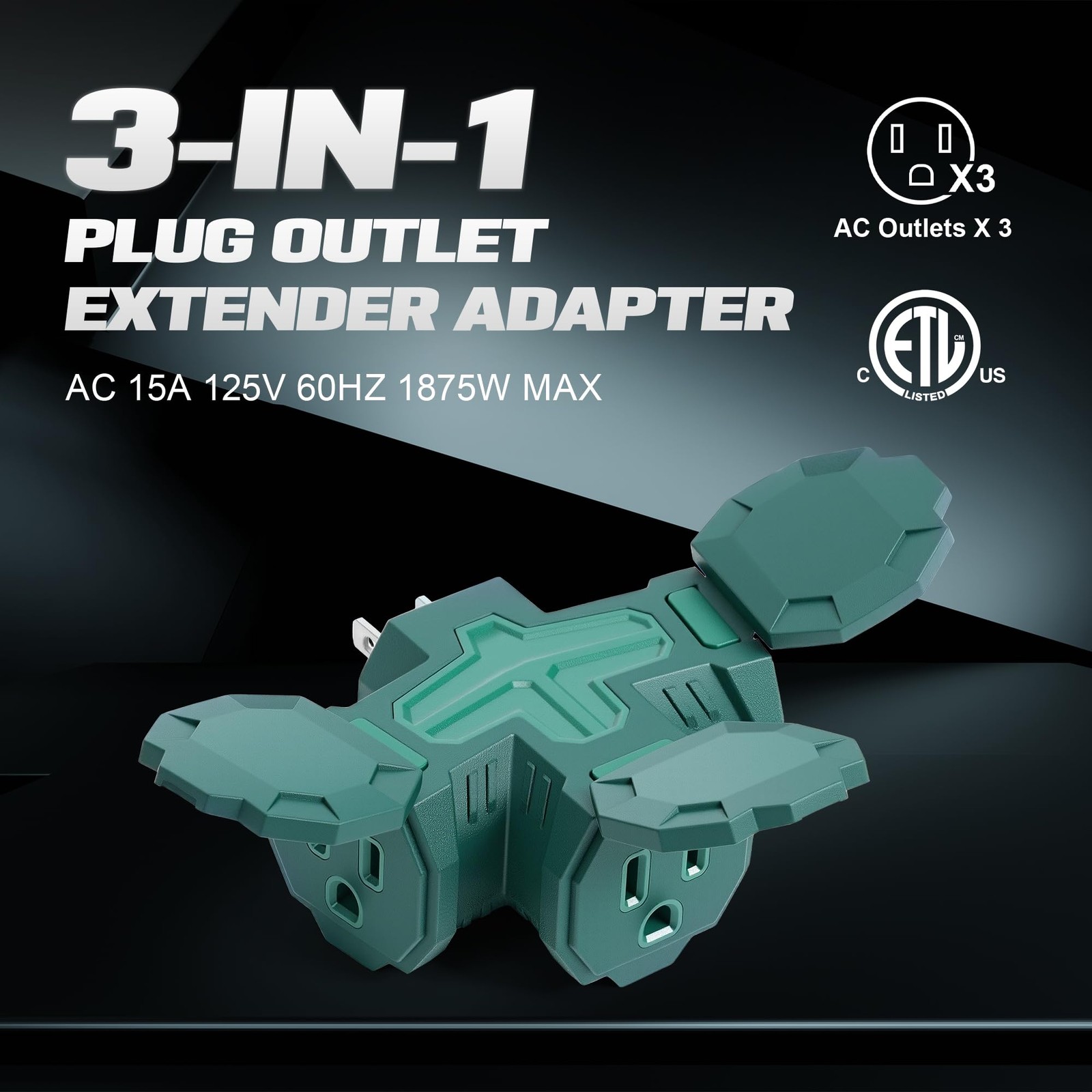 Lamroyce Liteshun-3WayPlug 3 Way Outlet Splitter 15A Weatherproof Green