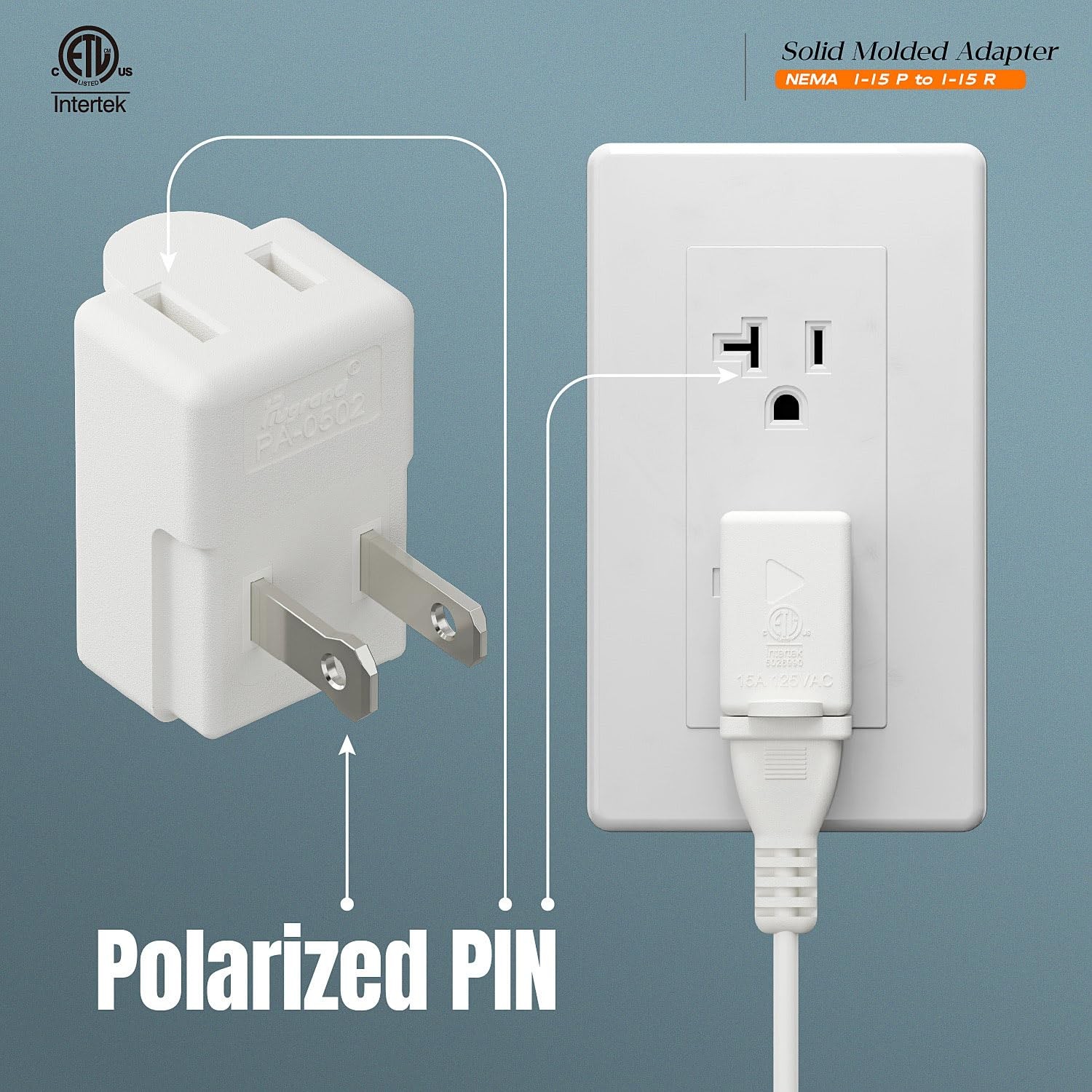 Polarized 2-Prong L Type Adapter, Vertical Right Angled Down Angle, White