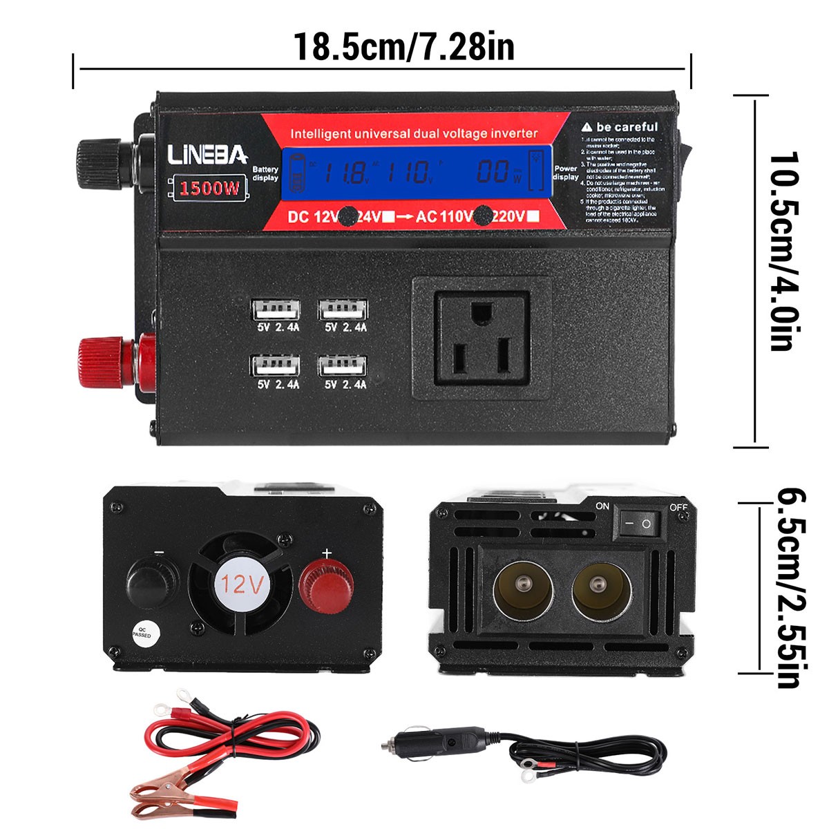 1500W 2500W 5000W Car Power Inverter 12V to 110V Converter 3AC 4USB LCD Display