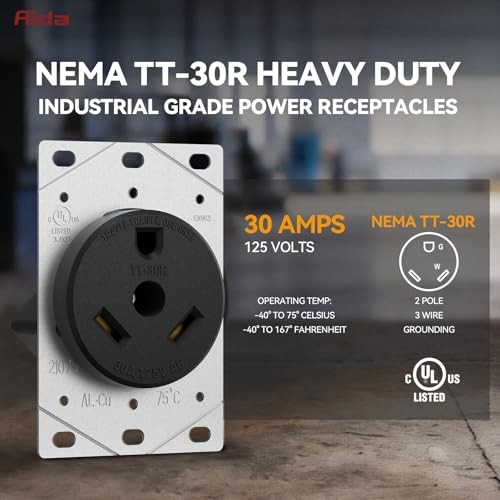 30 Amp 125 Volts 3 Prong Grounded Flush Mount Power RV NEMA TT-30R Black Outlet