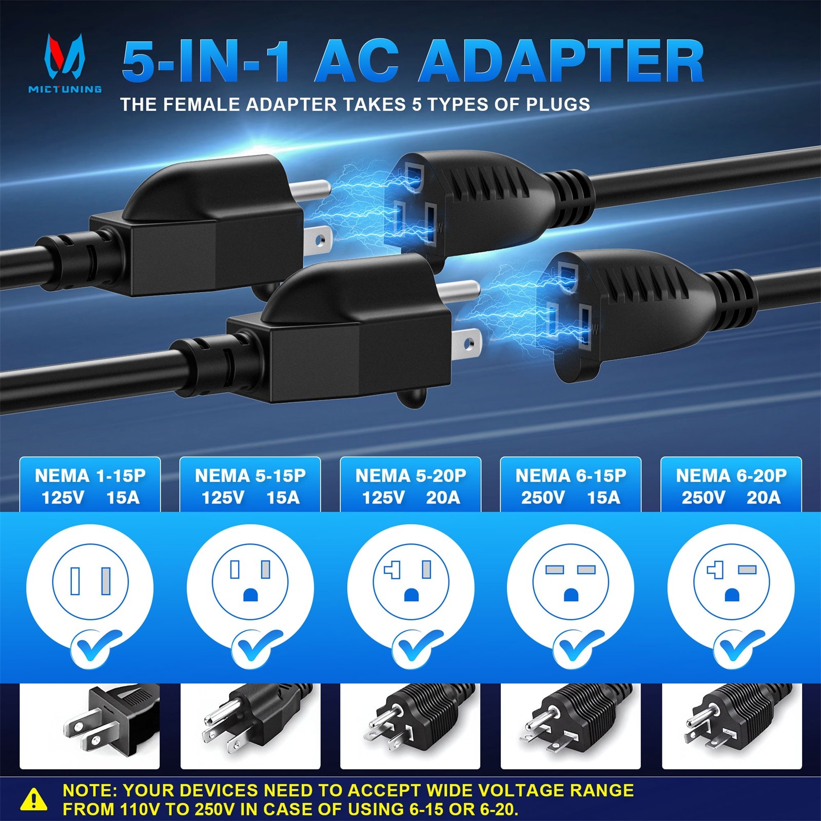 5-in-1 125V 20Amp 12AWG AC Plug Port Adapter 20″ Cord for RV Shore Power Inlet