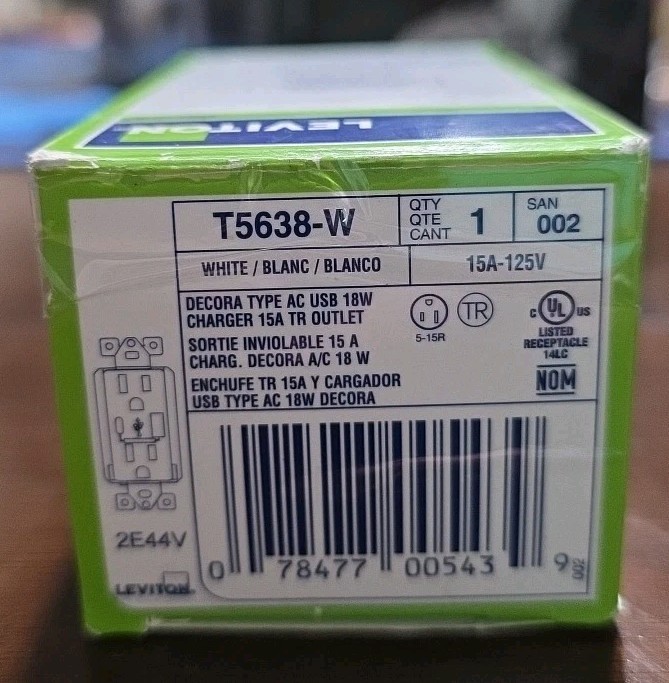 Leviton T5638-W: USB Type A & C In-Wall Charger Tamper Resistant Outlet in White