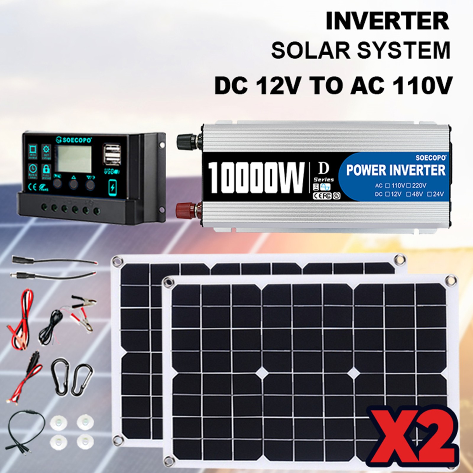 10000W Solar Power Kit 12V-110V/220V + 2pcs Solar Panels + 100A Controller3K