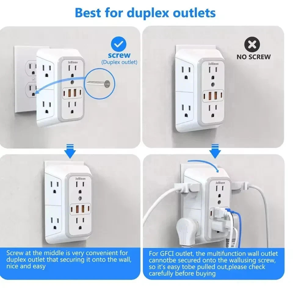 6 Outlet Extender Surge Protector Multi Plug Wall Adapter USB Charger Ports with