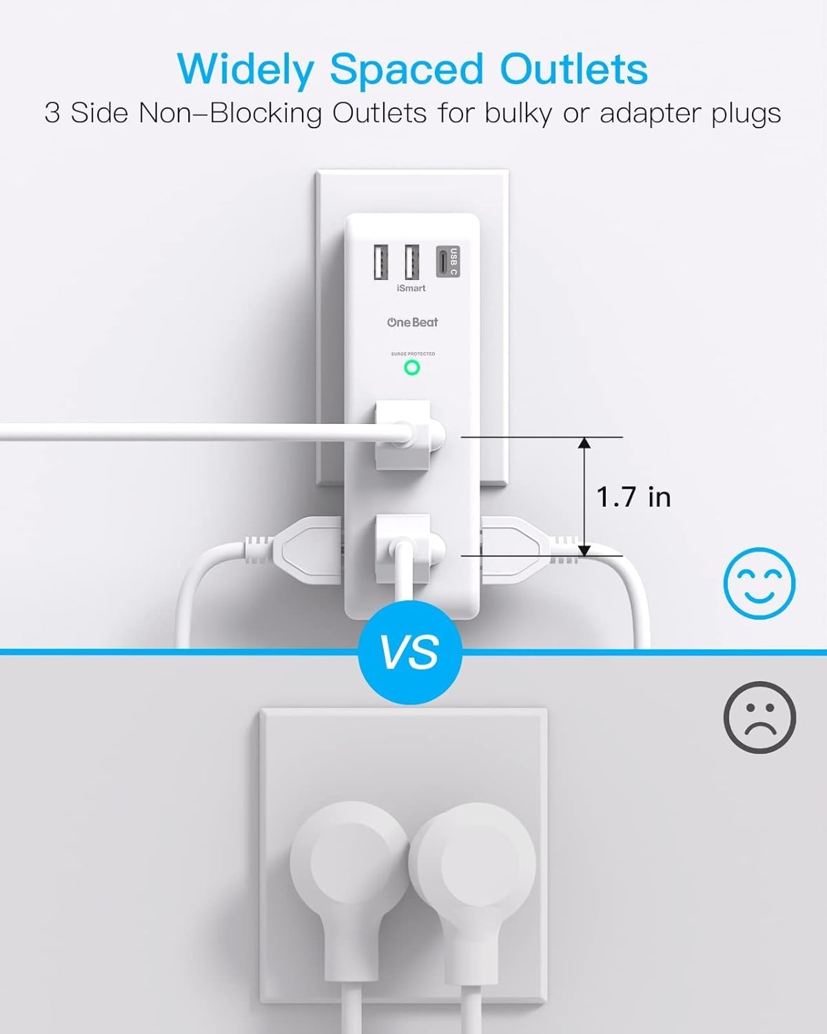3-Sided Surge Protector with 6 AC Outlets & Rotating Plug for Home & Travel