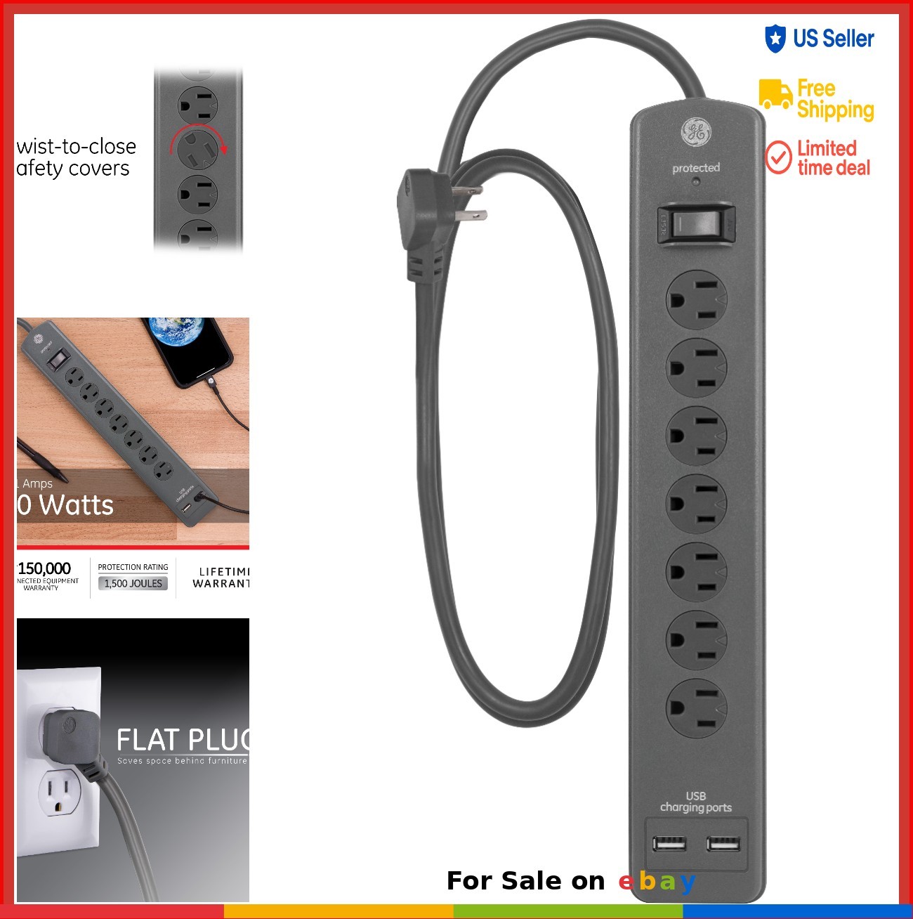 Surge Protector 7 Outlet 2 USB Port 4ft Cord 1500 Joules Flat Plug
