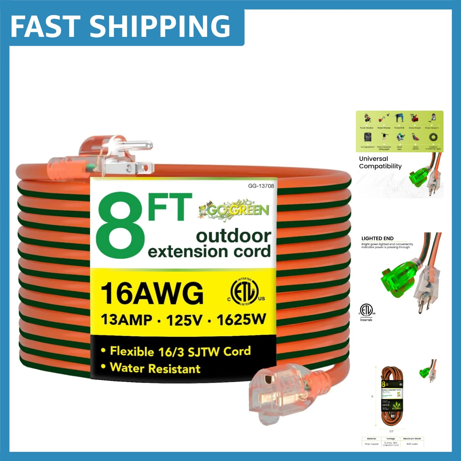 Go Green Power 8ft Extension Cord – Abrasion Resistant, Eco-Friendly Design