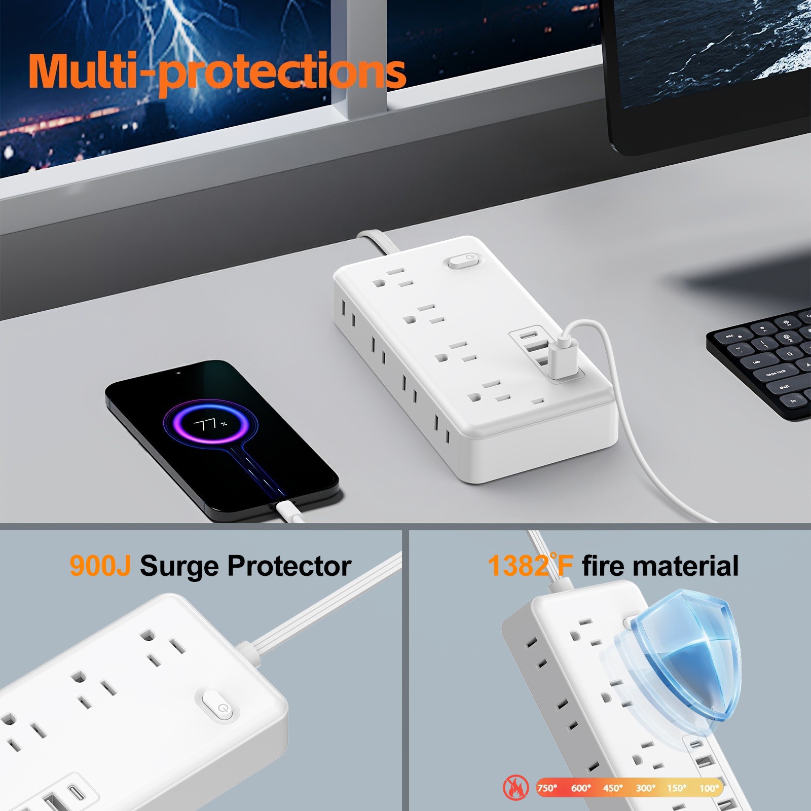8AC Outlets US Power Strip Surge Protector with 3 USB and Type C Ports 5ft Cable