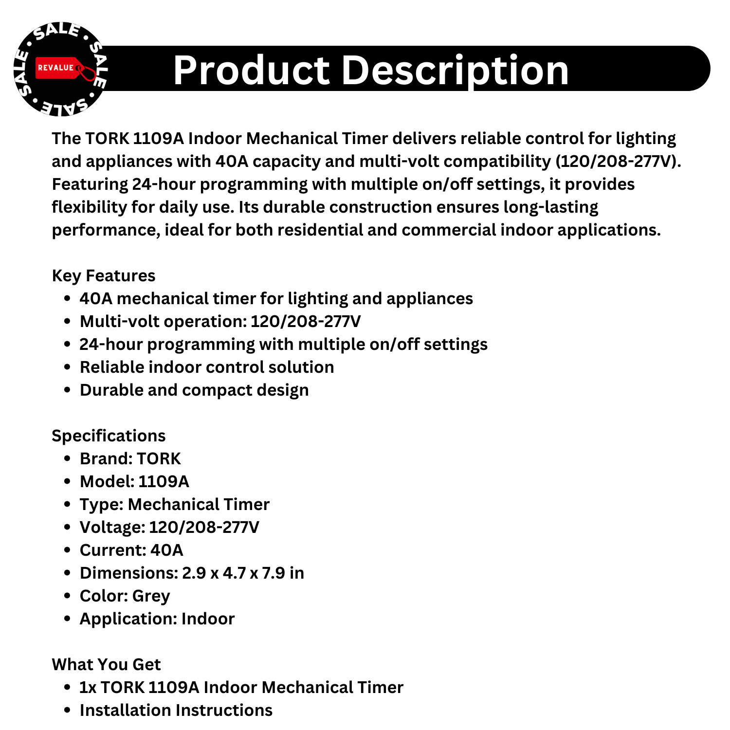 TORK 1109A Indoor Mechanical Timer 40A Multi-Volt 24Hr Lighting Appliance Contro