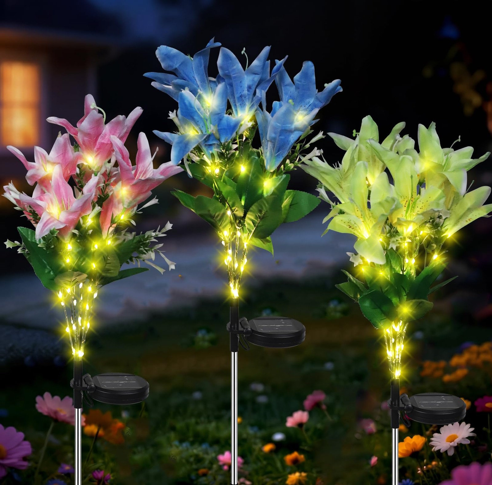 3 Pack Multicolor Solar Lily Lights, Yellow Blue Pink LED Solar Flower Lights wi