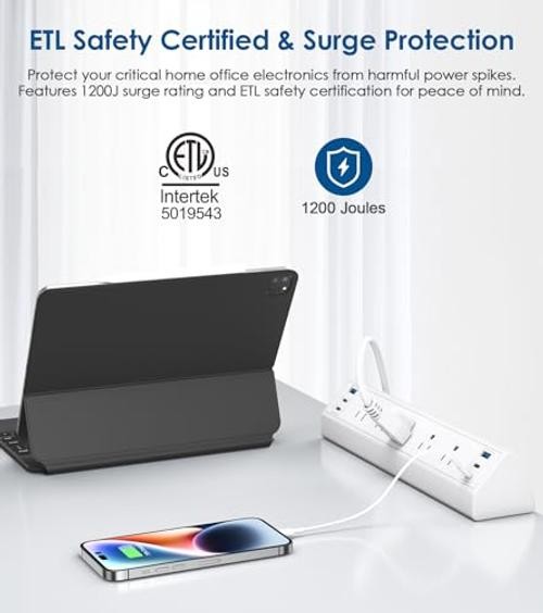 Desk Clamp Power Strip USB C,Table Surge 5 Outlets & 6 USB Ports – 40W White