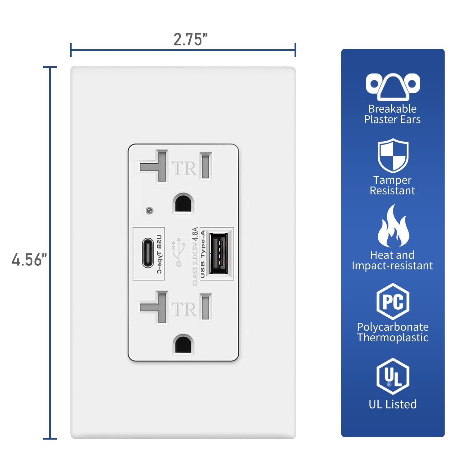 4.8A USB C Outlet High Speed,24W 20 Amp,White, 125 V Tamper-Resistant ,2 Pack